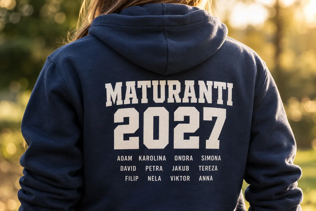 Tmavě modrá mikina s nápisem Maturanti 2027 a jmény třídy na zádech